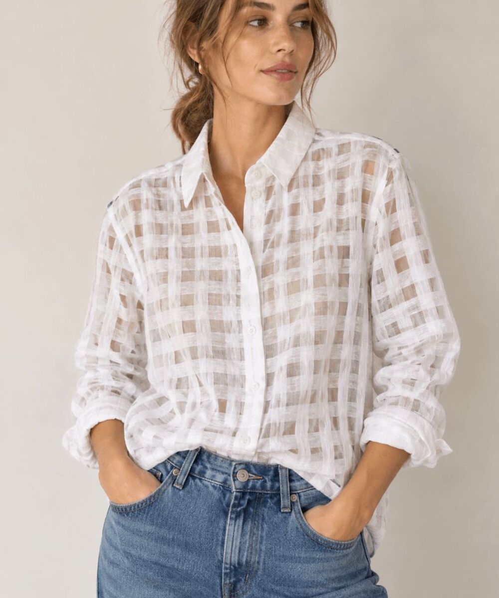 Sheer White Windowpane Grid Blouse Button Down Minimalist Quiet Luxury